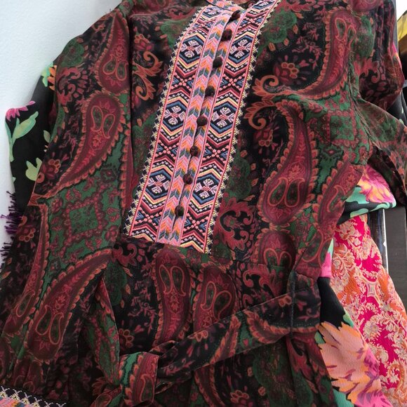 ZARA Jacquard Ribbon Dress , Long Sleeve Midi, Deep Green & Burgundy , Boho XS - Picture 6 of 15